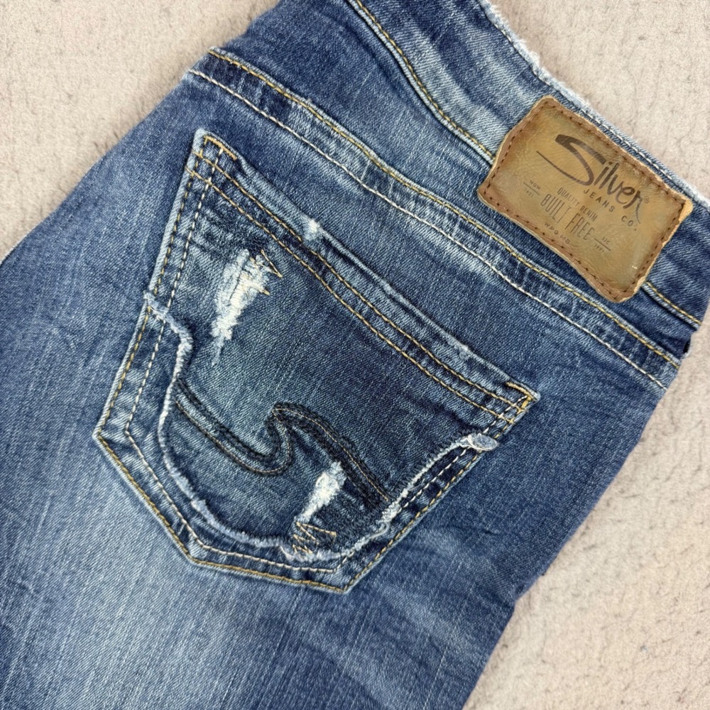 Silver Jeans Co Sam Womens 29 Slim Leg Blue Distressed Raw Hem L27140SJL250 EUC